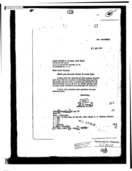 First page of CIAUFO - UntitledtoDonaldKeyhoeFromJSHarmanStatingFoundNothingReflectingThatAnyCiaEmployeeHadAnyWitnessToAnUfoObservationRemain