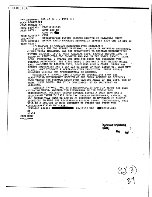 First page of CIAsX-Files-2015UFORelease - UNIDENTIFIED FLYING OBJECTS SIGHTED IN MATANZAS SKIES DOC_0005517759