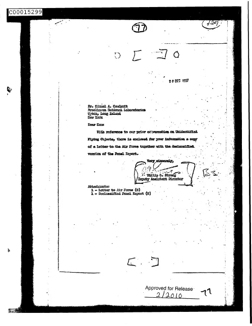 First page of CIAsX-Files-2015UFORelease - UNTITLED (TO SAMUEL COUDSMIT FROM PHILIP STRONG ENCLOSING COPY OF A LETTER TO THE AIR FORCE WITH T