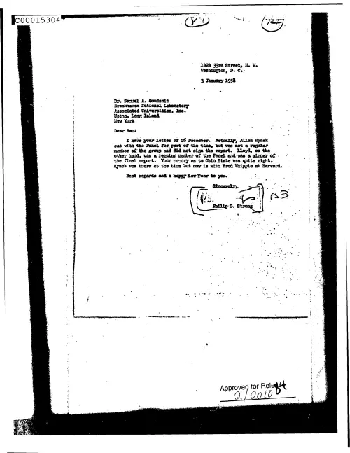 First page of CIAsX-Files-2015UFORelease - UNTITLED (TO SAMUEL GOUDSMIT FROM PHILIP STRONG DISCUSSING HYNEK'S AND LLOYD'S PARTICIPATION ON  T
