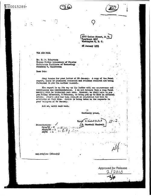 First page of CIAsX-Files-2015UFORelease - UNTITLED ( TO H.P. ROBERTSON FROM H. MARSHALL CHADWELL REGARDING COPY OF THE PANEL REPORT; WITH RO