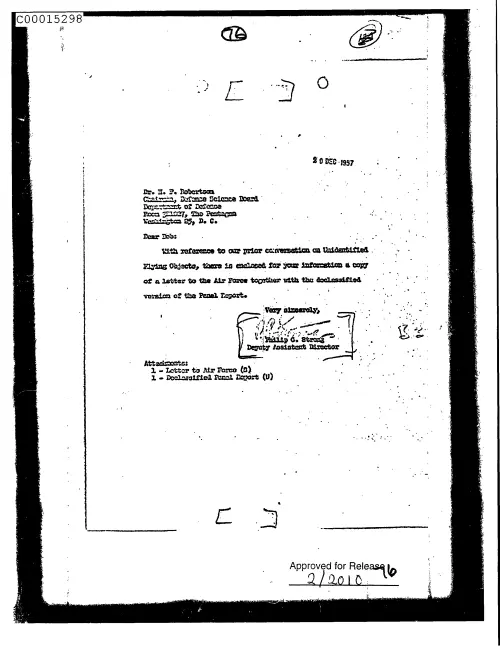 First page of CIAsX-Files-2015UFORelease - UNTITLED (TO H.P. ROBERTSON FROM PHILIP STRONG ENCLOSING COPY OF A LETTER TO THE AIR FORCE TOGETHE