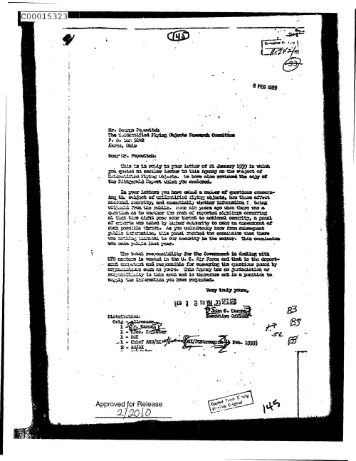 First page of CIAsX-Files-2015UFORelease - UNTITLED (TO GEORGE POPOWITCH FROM JOHN S. HARMAN ANSWERING HIS LETTER OF 21 JANUARY 1959) DOC_000