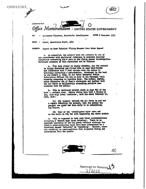 First page of CIAsX-Files-2015UFORelease - REPORT ON BOOK ENTITLED "FLYING SAUCERS FROM OUTER SPACE" DOC_0005515977