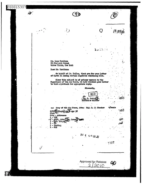 First page of CIAsX-Files-2015UFORelease - UNTITLED (TO LEON DAVIDSON FROM J S HARMAN ACKNOWLEDGING HIS LETTER OF MARCH 11 ASKING CERTAIN INQ