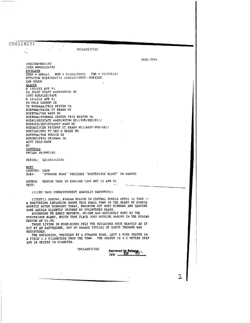 First page of CIAUFO - StrangeRoarPrecedesmysteriousBlastInSasovoDoc_0005516243