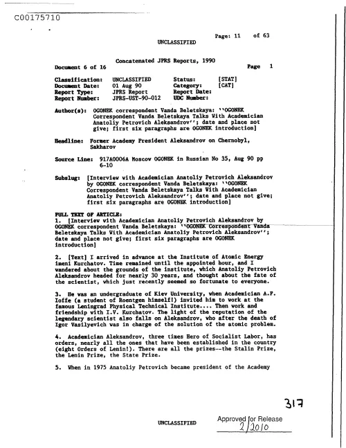 First page of CIAsX-Files-2015UFORelease - FORMER ACADEMY PRESIDENT ALEKSANDROV ON CHERNOBYL, SAKHAROV DOC_0005517531