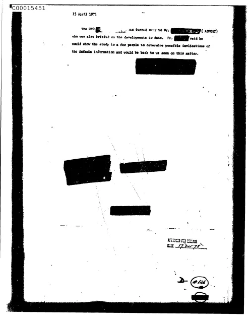 First page of CIAsX-Files-2015UFORelease - UNTITLED (THE UFO STUDY WAS TURNED OVER AND PERSON WAS ALSO BRIEFED ON THE DEVELOPMENTS TO DATE) D