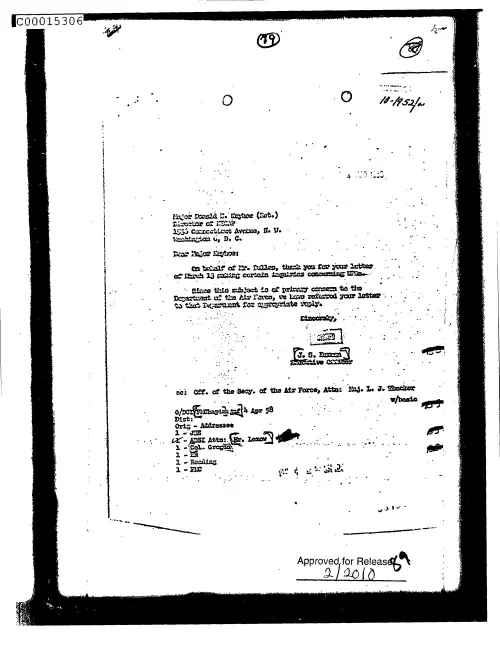 First page of CIAsX-Files-2015UFORelease - UNTITLED (TO DONALD KEYHOE FROM J S HARMON ACKNOWLEDGING HIS LETTER OF MARCH 13 ASKING CERTAIN INQ