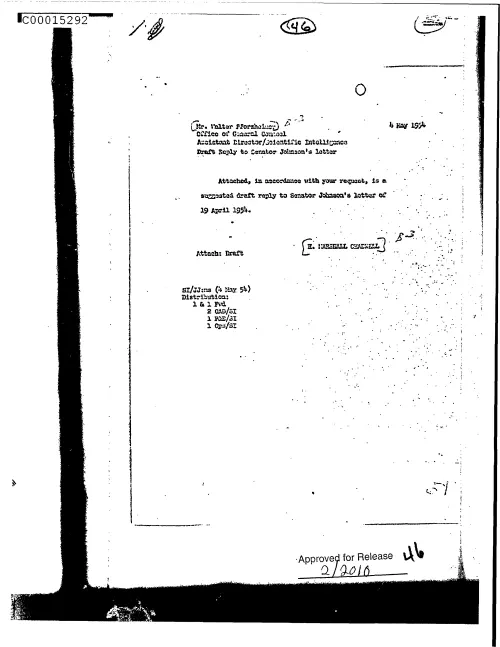 First page of CIAsX-Files-2015UFORelease - UNTITLED(TO WALTER PFORZHEIMER FROM H. MARSHALL CHADWELL ATTACHING A SUGGESTED DRAFT REPLY TO SENA