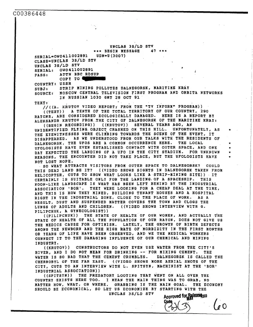 First page of CIAsX-Files-2015UFORelease - STRIP MINING POLLUTES DALNEGORSK, MARITIME KRAY DOC_0005517795