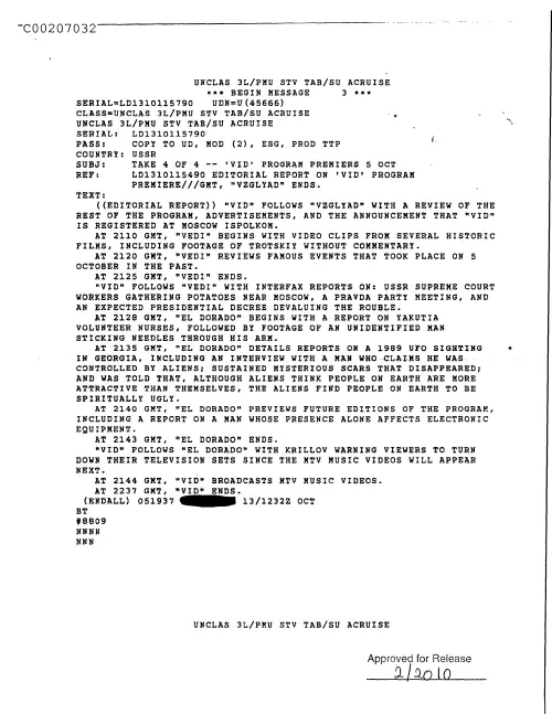 First page of CIAsX-Files-2015UFORelease - TAKE 4 OF 4--'VID' PROGRAM PREMIERS 5 OCT DOC_0005517679