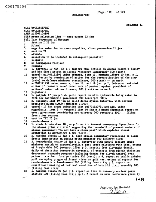 First page of CIAsX-Files-2015UFORelease - PRESS SELECTION LIST -- EAST EUROPE 23 JAN DOC_0005516754