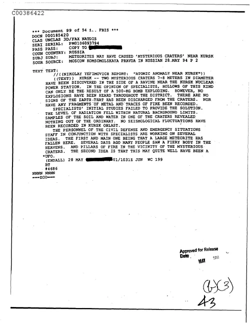 First page of CIAUFO - MeteoritesMayHaveCausedmysteriousCratersNearKurskDoc_0005517765