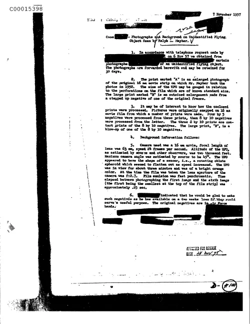 First page of CIAsX-Files-2015UFORelease - CASE (DELETED) PHOTOGRAPHS AND BACKGROUND ON UNIDENTIFIED FLYING OBJECT SEEN BY RALPH MAYHER DOC_0