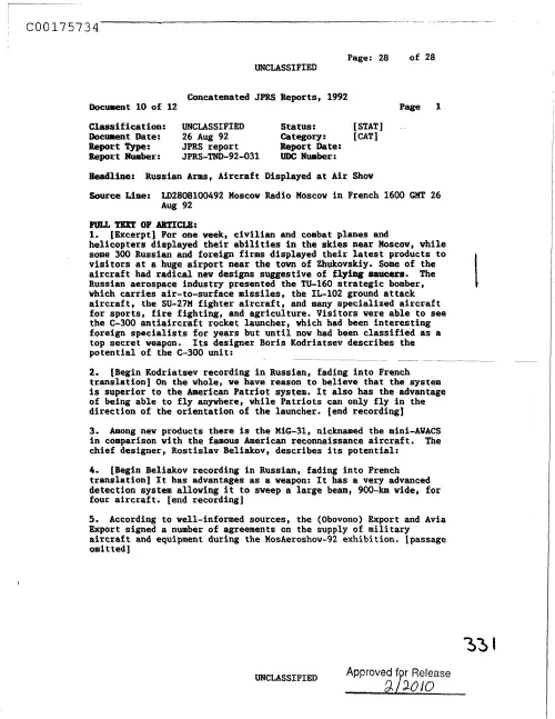 First page of CIAsX-Files-2015UFORelease - RUSSIAN ARMS, AIRCRAFT DISPLAYED AT AIR SHOW DOC_0005517546
