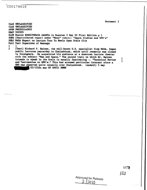 First page of CIAUFO - NasaExpertOnLectureTourToNewlyOpenUralsCityDoc_0005516594