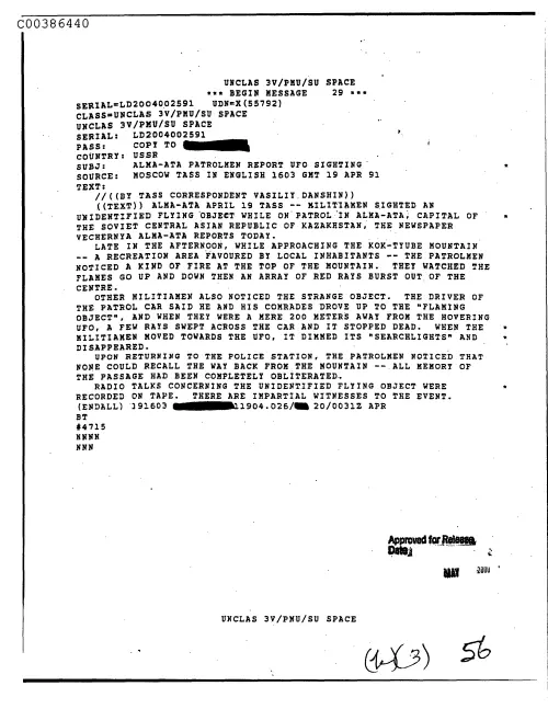 First page of CIAsX-Files-2015UFORelease - ALMA-ATA PATROLMEN REPORT UFO SIGHTING DOC_0005517792