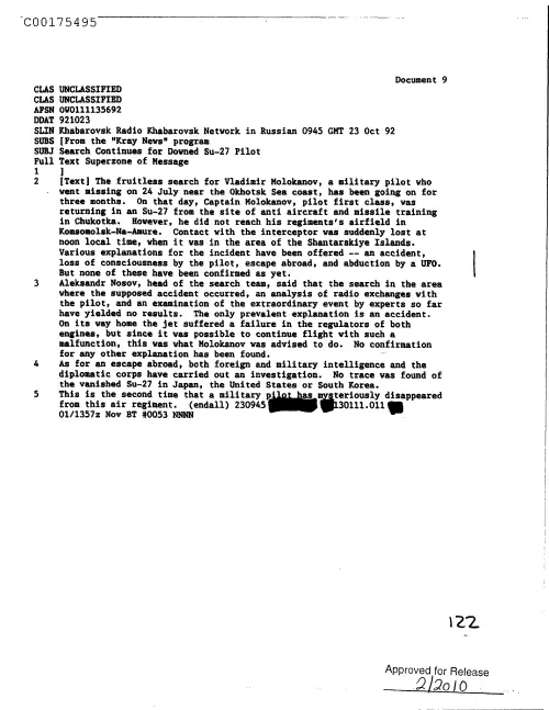First page of CIAUFO - SearchContinuesForDownedSu-27PilotDoc_0005516728
