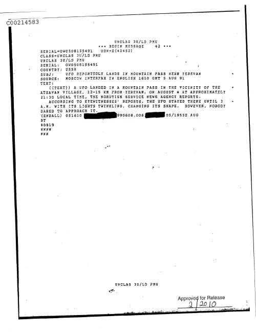 First page of CIAUFO - UfoReportedlyLandsInMountainPassNearYerevanDoc_0005517731