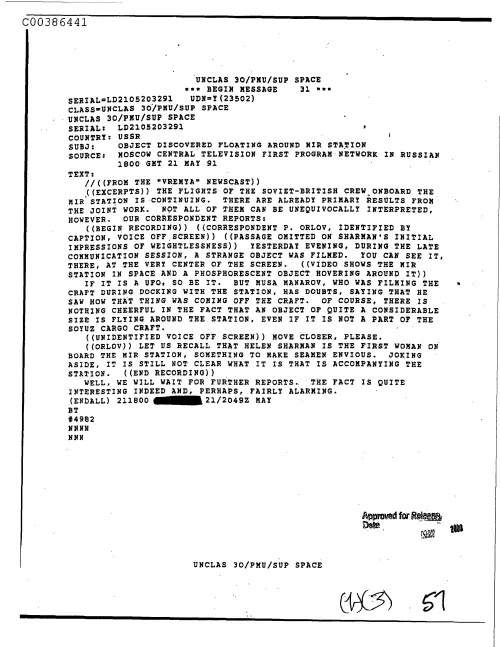 First page of CIAUFO - ObjectDiscoveredFloatingAroundMirStationDoc_0005517793