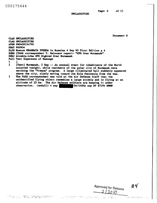 First page of CIAsX-Files-2015UFORelease - AIRSHIP-LIKE UFO SIGHTED OVER MURMANSK DOC_0005516711