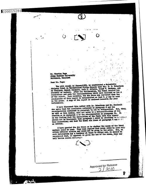 First page of CIAsX-Files-2015UFORelease - UNTITLED (TO THORTON PAGE FROM PHILIP STRONG REGARDING AIR FORCE REQUEST THAT THE CONCLUSIONS OF T