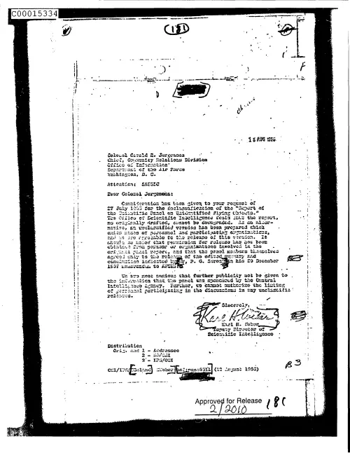 First page of CIAUFO - UntitledtoGeraldJorgensonFromKarlWeberDiscussingConsiderationToDeclassifyScientificAdvisoryPanelReportDoc_0005515928