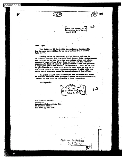 First page of CIAUFO - UntitledtoLloydBerknerFromPhilipStrongDiscussingHisLetterOf21AprilWithTheEnclosuresDealingWithDr.DavidsonDoc_000551578