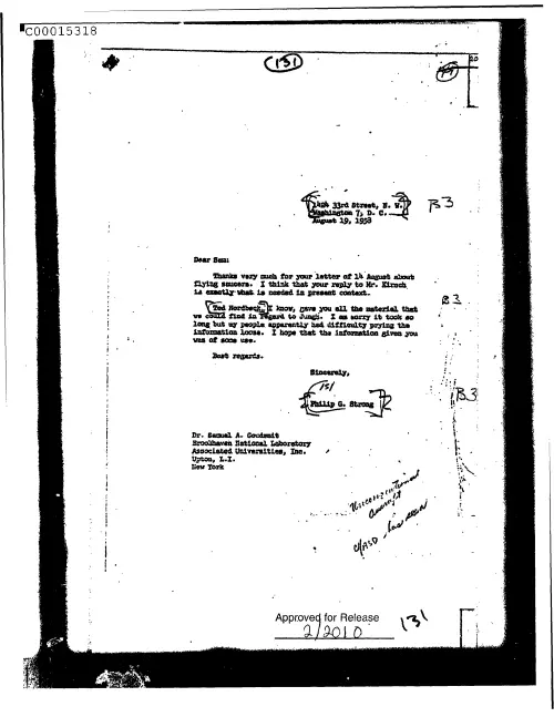 First page of CIAUFO - UntitledtoSamGoudsmitFromPhilipStrongAcknowledgingHisLetterOf14AugustDoc_0005515813