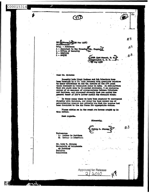 First page of CIAsX-Files-2015UFORelease - UNTITLED ( TO LUIS ALVAREZ FROM PHILIP STRONG REGARDING LEON DAVIDSON'S POSSIBLE CONTACT WITH HIM)