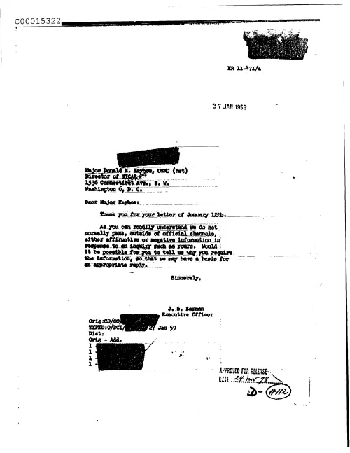 First page of CIAsX-Files-2015UFORelease - UNTITLED (TO DONALD KEYHOE FROM J.S. HARMAN ON HIS INQUIRY) DOC_0005515866