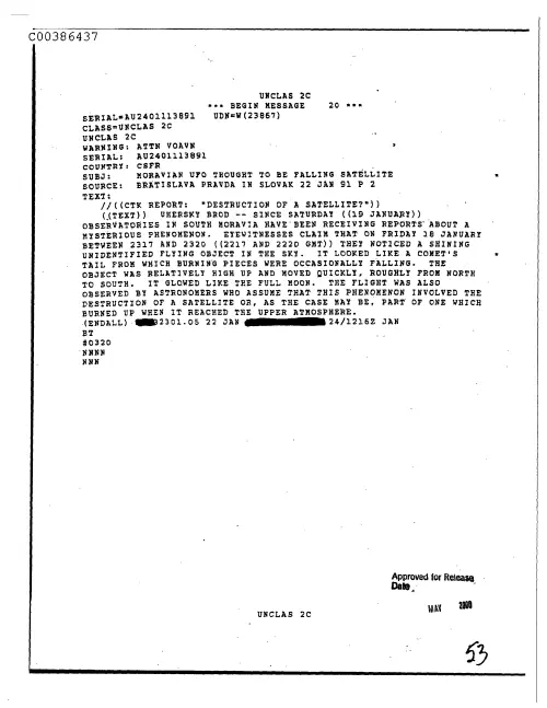 First page of CIAsX-Files-2015UFORelease - MORAVIAN UFO THOUGHT TO BE FALLING SATELLITE DOC_0005517790