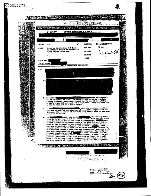 First page of CIAsX-Files-2015UFORelease - REPORT ON CONVERSATIONS WITH SOVIET SCIENTISTS ON SUBJECT OF UNIDENTIFIED FLYING OBJECTS IN THE US
