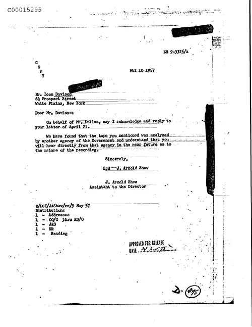 First page of CIAsX-Files-2015UFORelease - UNTITLED (LETTER TO DAVIDSON FROM SHAW ON TAPE RECORDING) DOC_0005515724