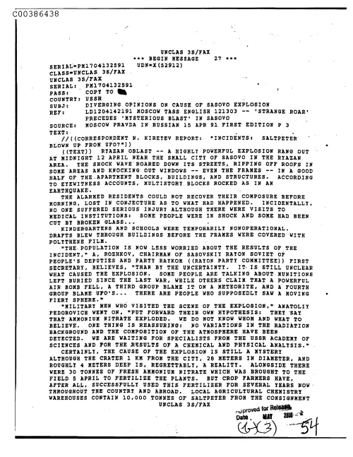 First page of CIAUFO - DivergingOptionsOnCauseOfSasovoExplosionDoc_0005517791