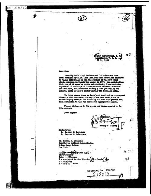First page of CIAsX-Files-2015UFORelease - UNTITLED (TO SAM GOUDSMIT FROM PHILIP STRONG DISCUSSING LEON DAVIDSON'S POSSIBLE CONTACT WITH HIM)