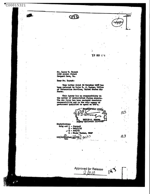 First page of CIAsX-Files-2015UFORelease - UNTITLED (TO LARRY BRYANT FROM PHILIP STRONG ACKNOWLEDGING HIS LETTER OF 30 NOVEMBER 1958) DOC_000