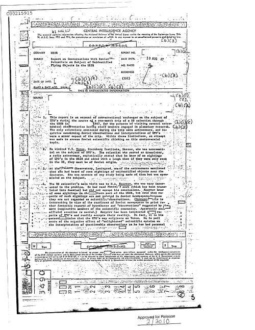 First page of CIAUFO - ReportOnConversationsWithSovietScientistsOnSubjectOfUnidentifiedFlyingObjectsInTheUssrDoc_0005517737