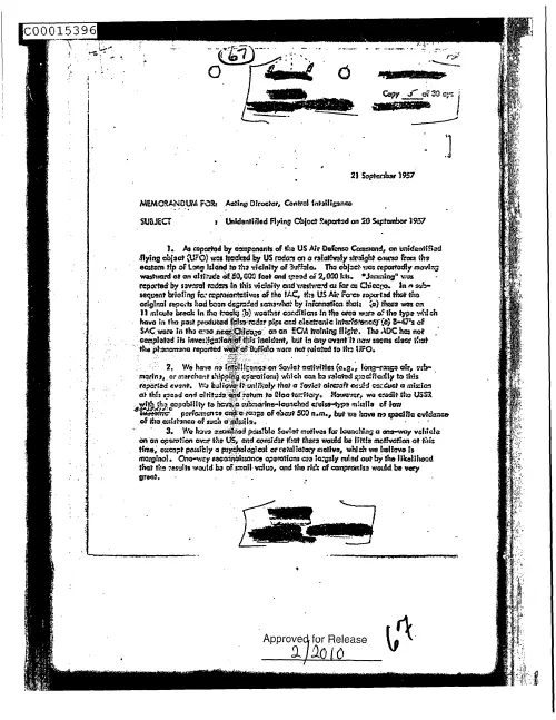 First page of CIAsX-Files-2015UFORelease - UNIDENTIFIED FLYING OBJECT REPORTED ON 30 SEPTEMBER 1957 DOC_0005516030
