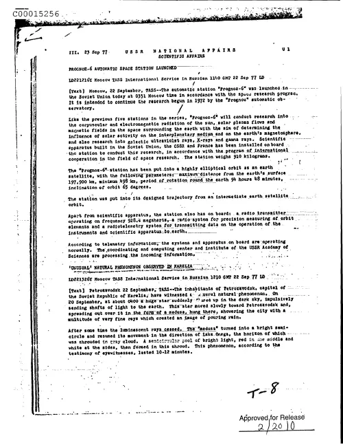 First page of CIAsX-Files-2015UFORelease - USSR NATIONAL AFFAIRS SCIENTIFIC AFFAIRS 'UNUSUAL' NATURAL PHRNOMENON OBSERVED IN KARELIA (PAGE U1