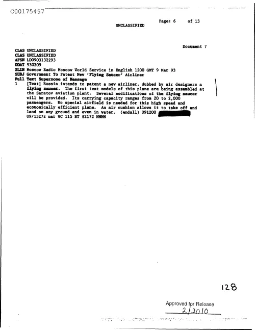 First page of CIAUFO - GovernmentToPatentNewflyingSaucerAirlinerDoc_0005516714