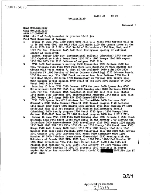 First page of CIAsX-Files-2015UFORelease - FYI--SOVIET TV PREVIEW 10-16 JUN DOC_0005517528