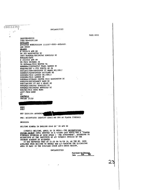 First page of CIAsX-Files-2015UFORelease - PRC:SCIENTISTS IDENTIFY XINJLANG UFO AS PLASMA FIREBALL DOC_0005516241