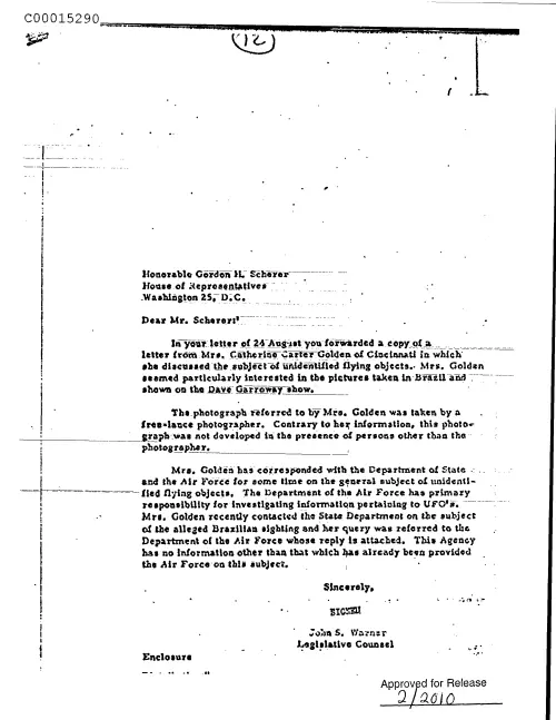 First page of CIAUFO - UntitledtoGordonSchererFromJohnWarnerRegardingLetterOn24AugustWhichForwardedLetterFormMrs.CatherineCarterGoldenDiscuss