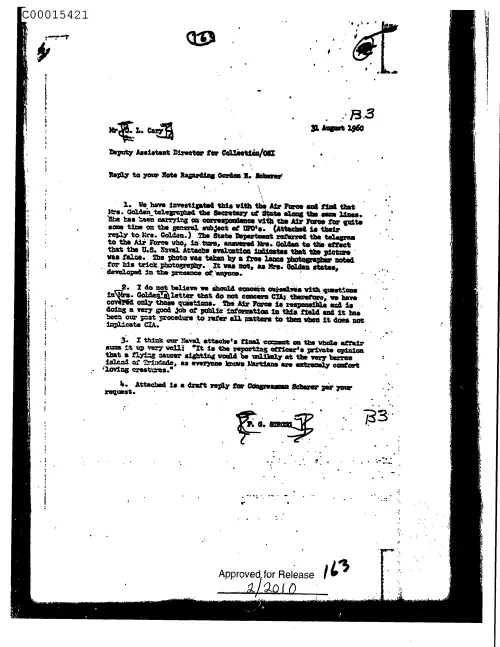 First page of CIAUFO - ReplyToYourNoteRegardingGordonE.SchererwithDraftLetterToCatherineGolderAttachedDoc_0005516055