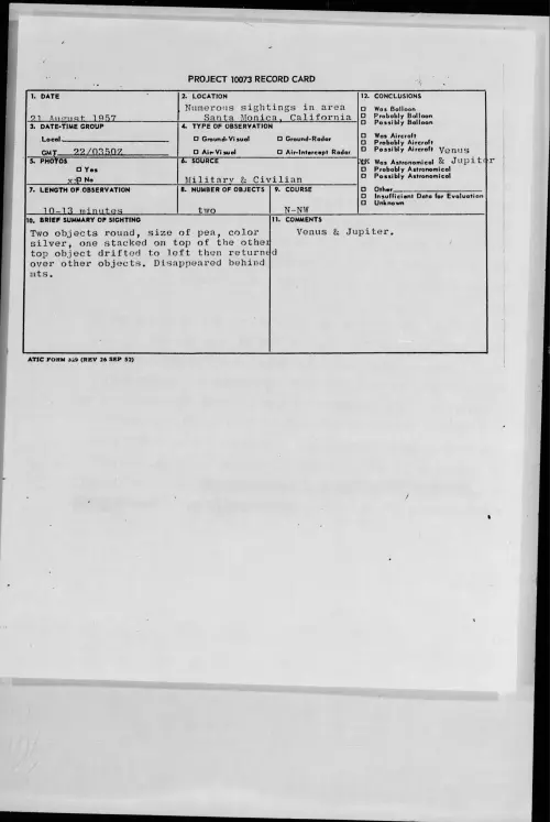 First page of 1957.08 - 6968894 - Numerous sightings in area Santa Monica,California