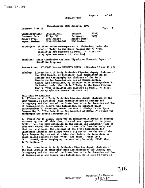 First page of CIAsX-Files-2015UFORelease - STATE COMMISSION CHAIRMAN KIYENKO ON ECONOMIC IMPACT OF SATELLITE PROGRAMS DOC_0005517530