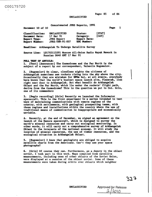 First page of CIAUFO - ArkhangelskToUndergoSatelliteSurveyDoc_0005517541