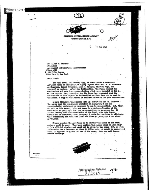 First page of CIAsX-Files-2015UFORelease - UNTITLED (TO LLOYD BERKNER FROM PHILIP STRONG DISCUSSING RELEASE OF THE SCIENTIFIC ADVISORY PANEL 